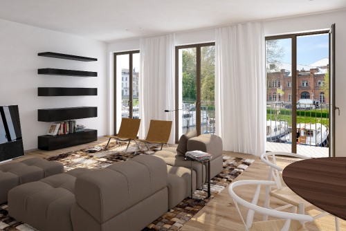 Visualisatie van een leefruimte in een appartement in Leiekouter Gent